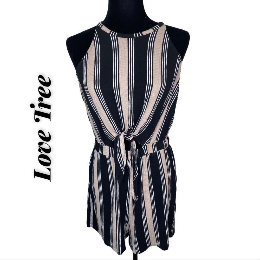 Love Tree Striped Cut Out Front Tie Romper Sz L